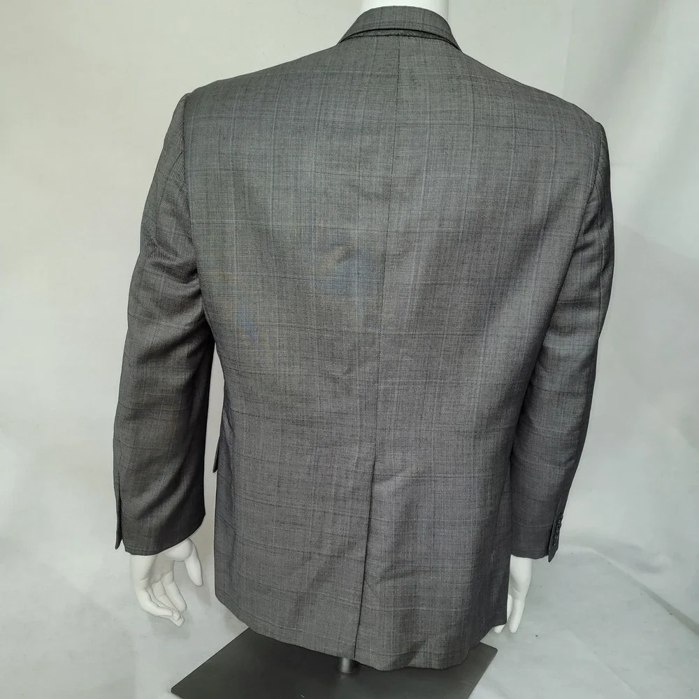 TOM JAMES Mens Gray Plaid Wool Blend Suit Jacket‎ Blazer 42R Custom Tailored USA
